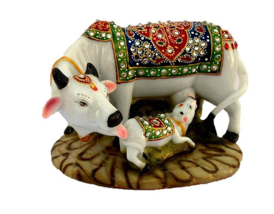 Marble Kamdhenu Cow and Calf Big Handcrafted Statue, 6-inch, Multicolour