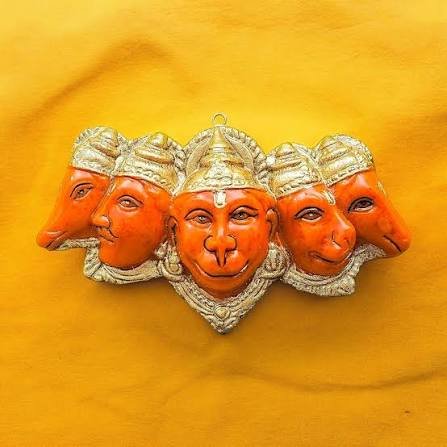 Panchmukhi Hanuman ji Statue for Door Entrance Wall Hanging Idol 7 x 4 Inches vastu Pooja Balaji Murti 17 cms Wide Orange Resin