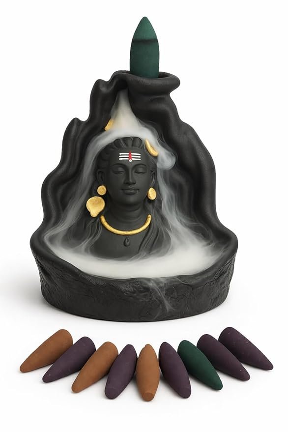 GharSajao Black Resin Adiyogi Backflow Incense Smoke Fountain
