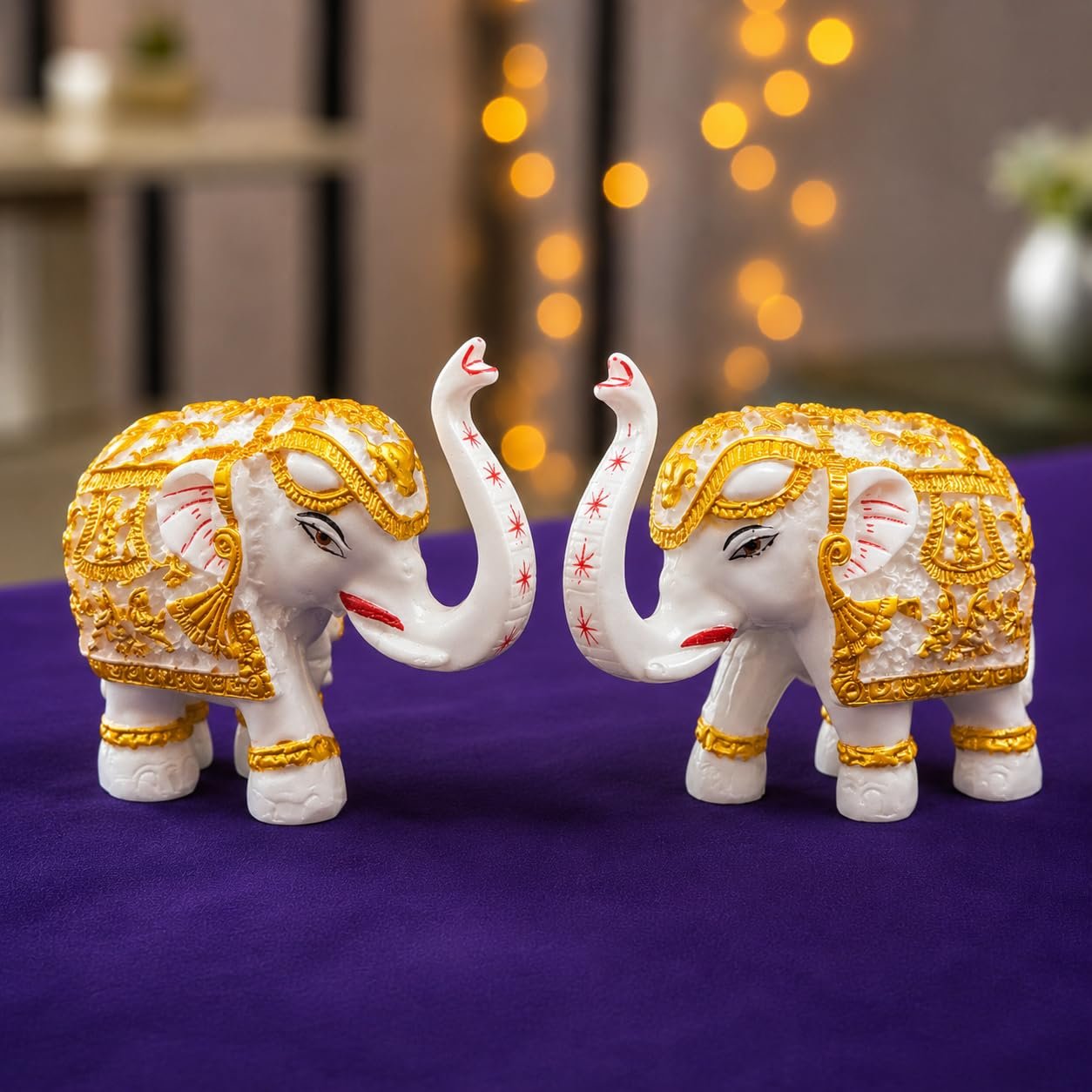 GharSajao White & Gold Trumpeting Elephant Pair