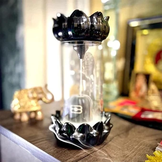 GharSajao Black Lotus Glass Hourglass Backflow Incense Holder