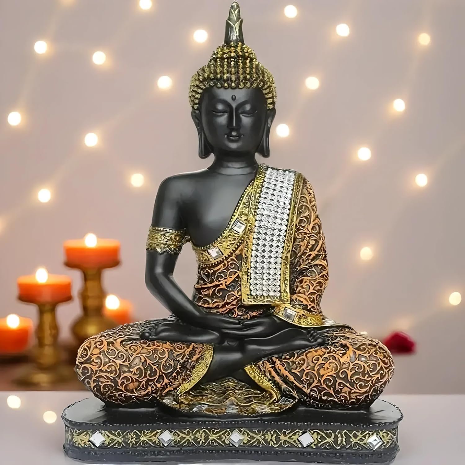 GharSajao Black & Gold Jeweled Meditating Buddha Statue