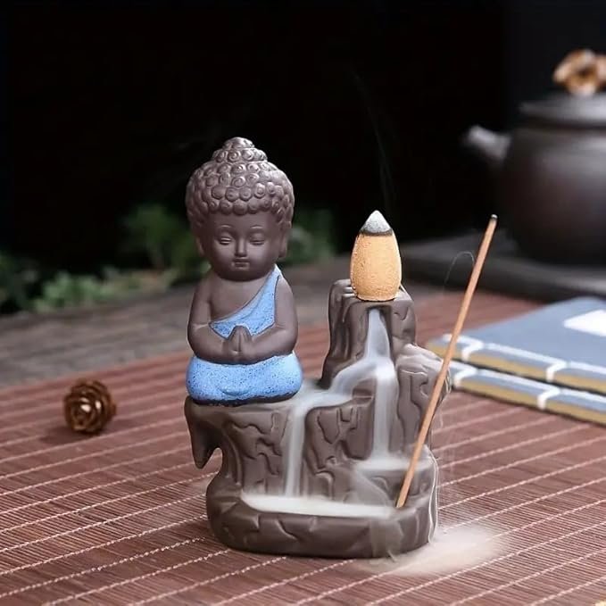 GharSajao Little Monk Waterfall Backflow Incense Holder - Blue