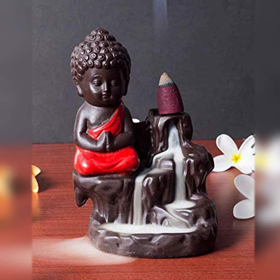 GharSajao Little Monk Waterfall Backflow Incense Holder - Red
