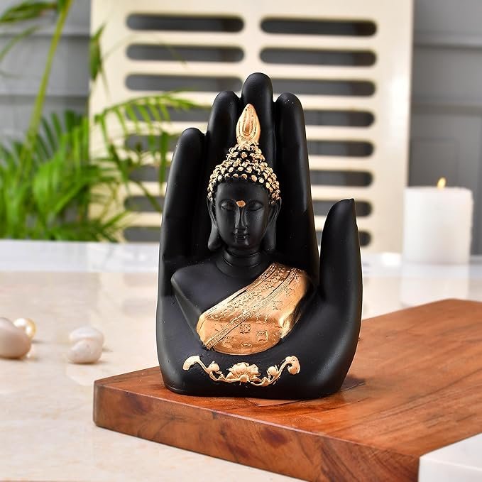 GharSajao Black & Gold Resin Palm Buddha Idol