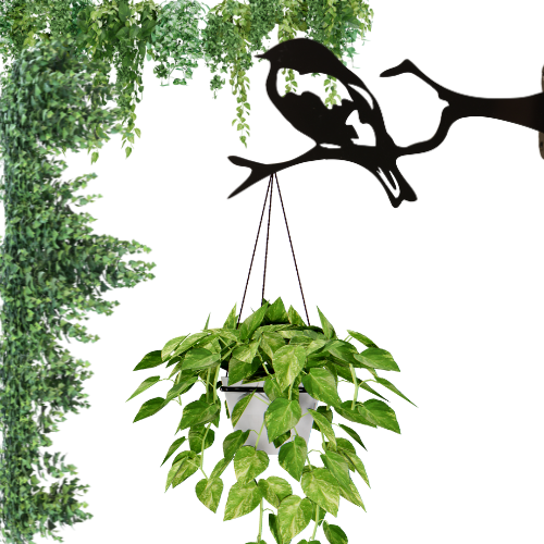 "Nature-inspired metal wall planter holder with a laser-cut design, crafted from durable metal and powder-coated for rust resistance. Holds hanging pots up to 20 kg, suitable for indoor and outdoor spaces such as gardens, balconies, patios, and living areas."