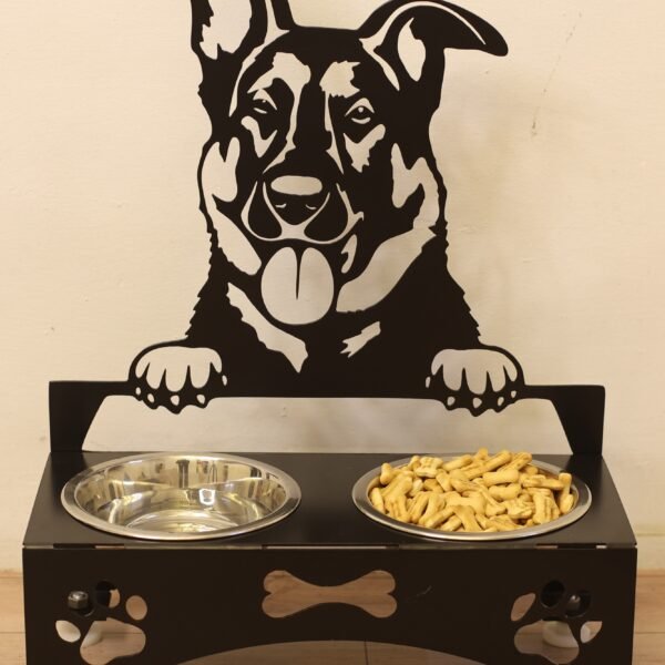 "Metal dog feeding station with a black silhouette of a dog, featuring two stainless steel bowls and adjustable legs for height, designed for durability and style."